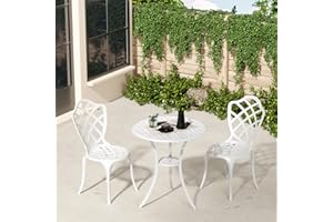 Z1UVDFUR 3 Piece Patio Bistro Set, Outdoor Bistro Table and Chairs Set of 2 w/Umbrella Hole, Rust-Resistant Cast Aluminum Bistro Set for Garden/Balcony/Backyard, White