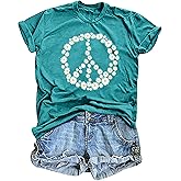 Peace Sign Love T-Shirt for Women Flower Graphic Shirt Hippie Short Sleeve 60s 70s Shirt Inspirational Tee Tops