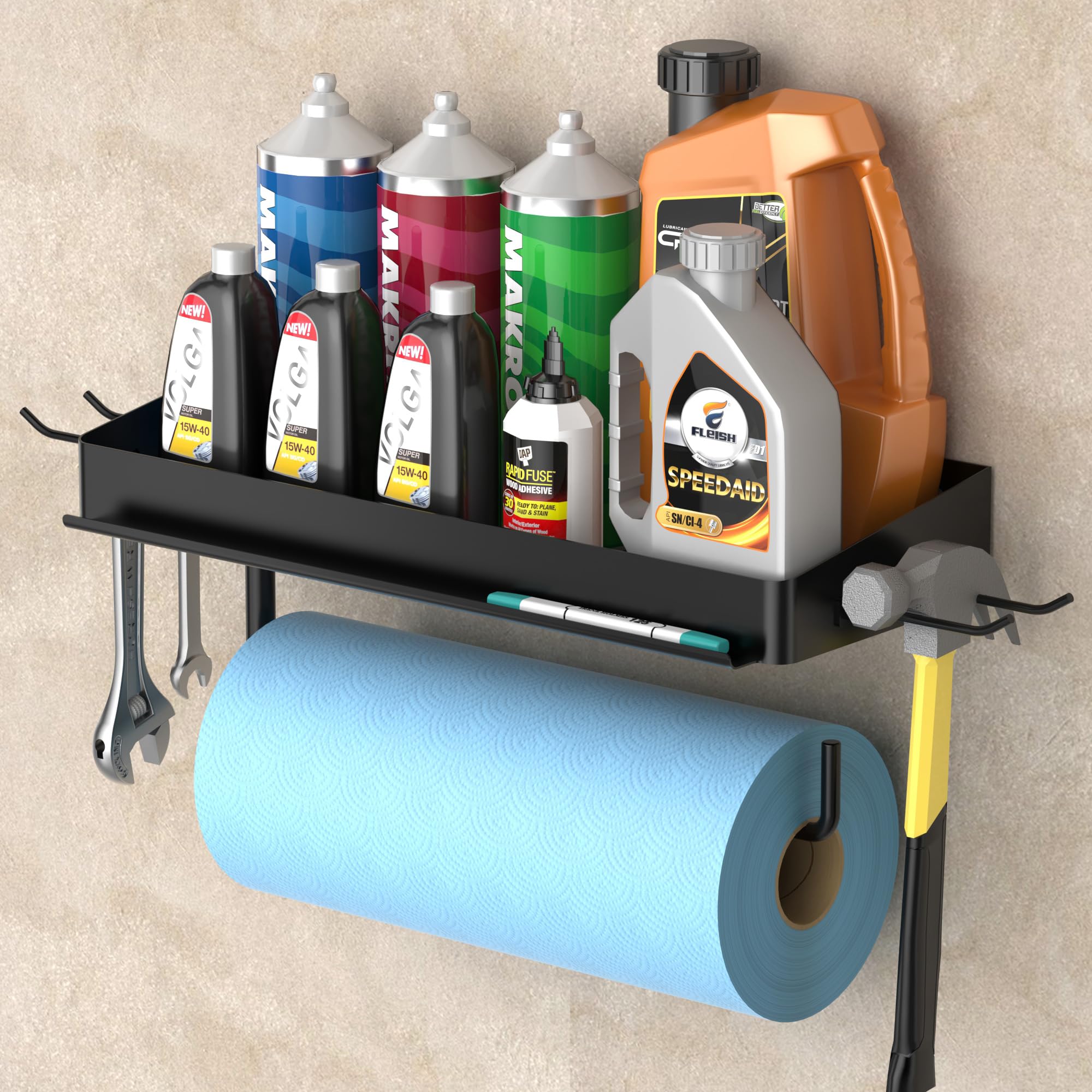 Photo 1 of Taozun Garage Paper Towel Holder, Wall Mount Shelf, Shop Towel Holder, One-Hand Tear, Paper Towel Holder Wall Mount with 4 Detachable Hooks for Garage Organization and Storage(Black)