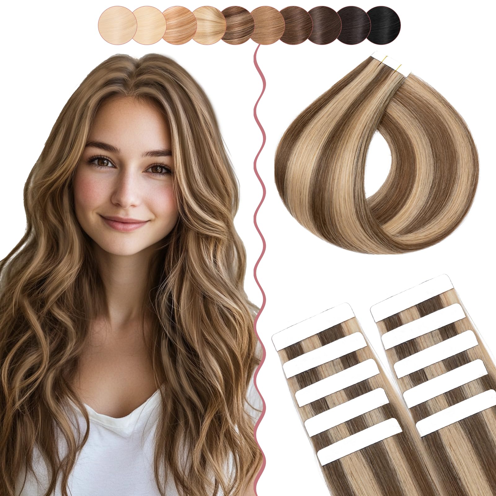 14 Inch SEGO 10 PCS Tape Hair Extensions Real Human Hair Thin Type [#4/27 Medium Brown&Dark Blonde] Seamless Skin Weft Remy Hair Extension (10g) — image 1
