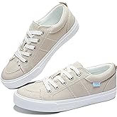 Obtaom Women's White Play Fashion Sneakers Cute Lace up Canvas Shoes Low Top Washed Canvas Flat for Lady