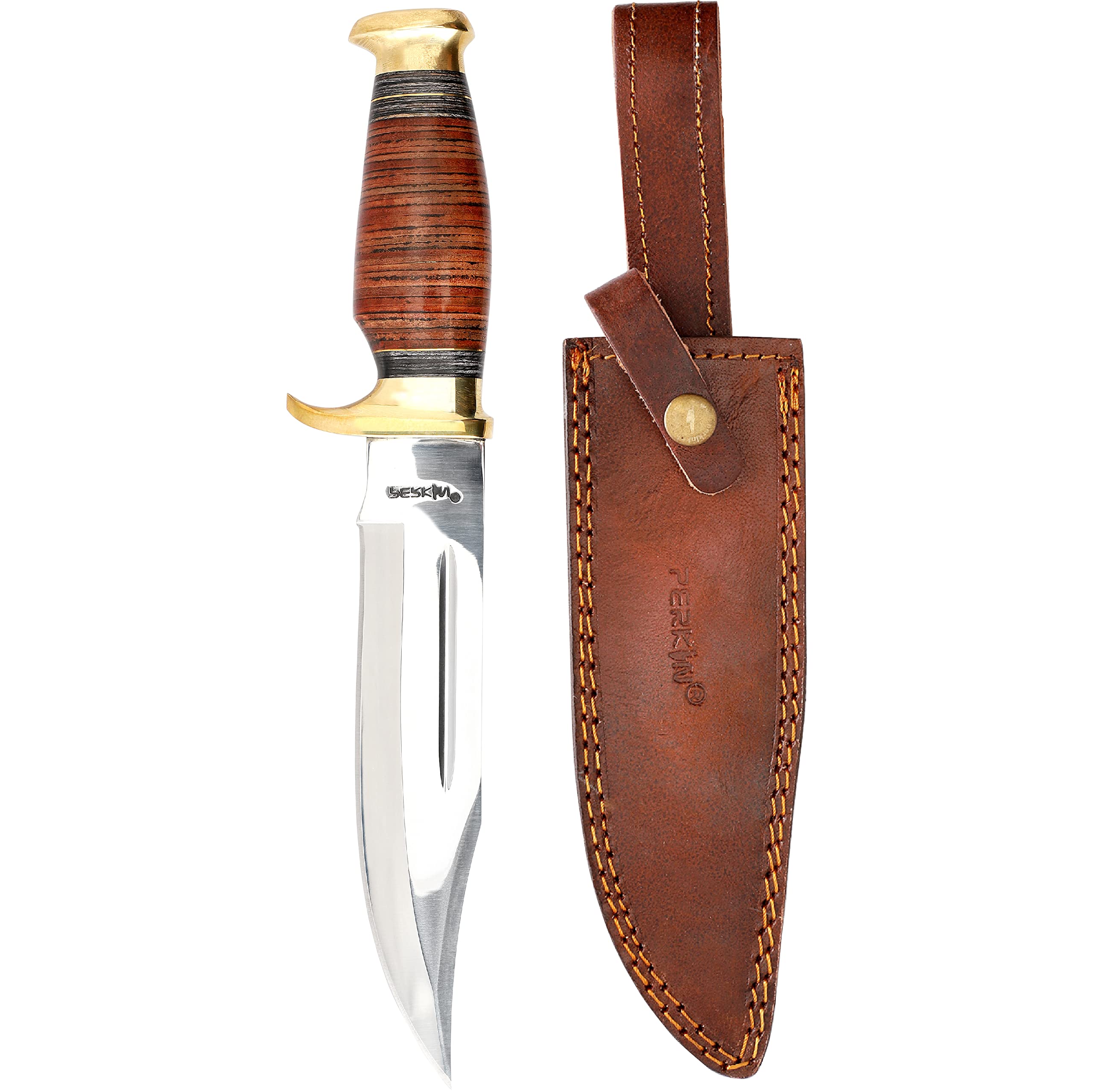 Photo 1 of Hunting Knife with Sheath - 12.5" Fixed Blade Knife with Leather Handle & Sheath - 59-60 HRC Rated & Full Tang Design Hunting Knife for Survival, Fishing, Tactical, Camping & Bushcraft - Perkin Knives