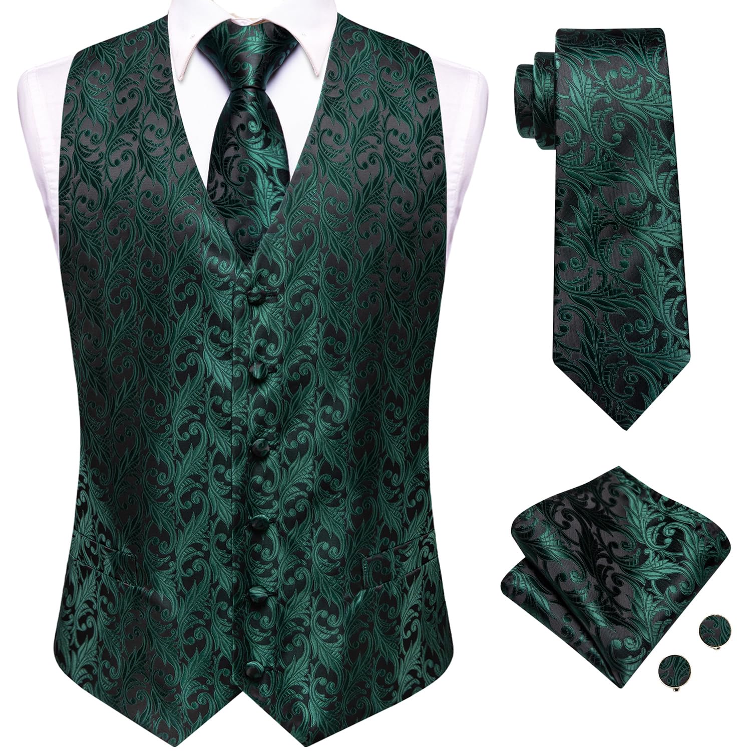 Hi-Tie Men's Dark Green Suit Vest and Tie Set Silk Floral Jacquard Vests Lapel Pin Gold Tie Clip Paisley Floral Casual Waistcoat Tuxedo Wedding Party Business Image