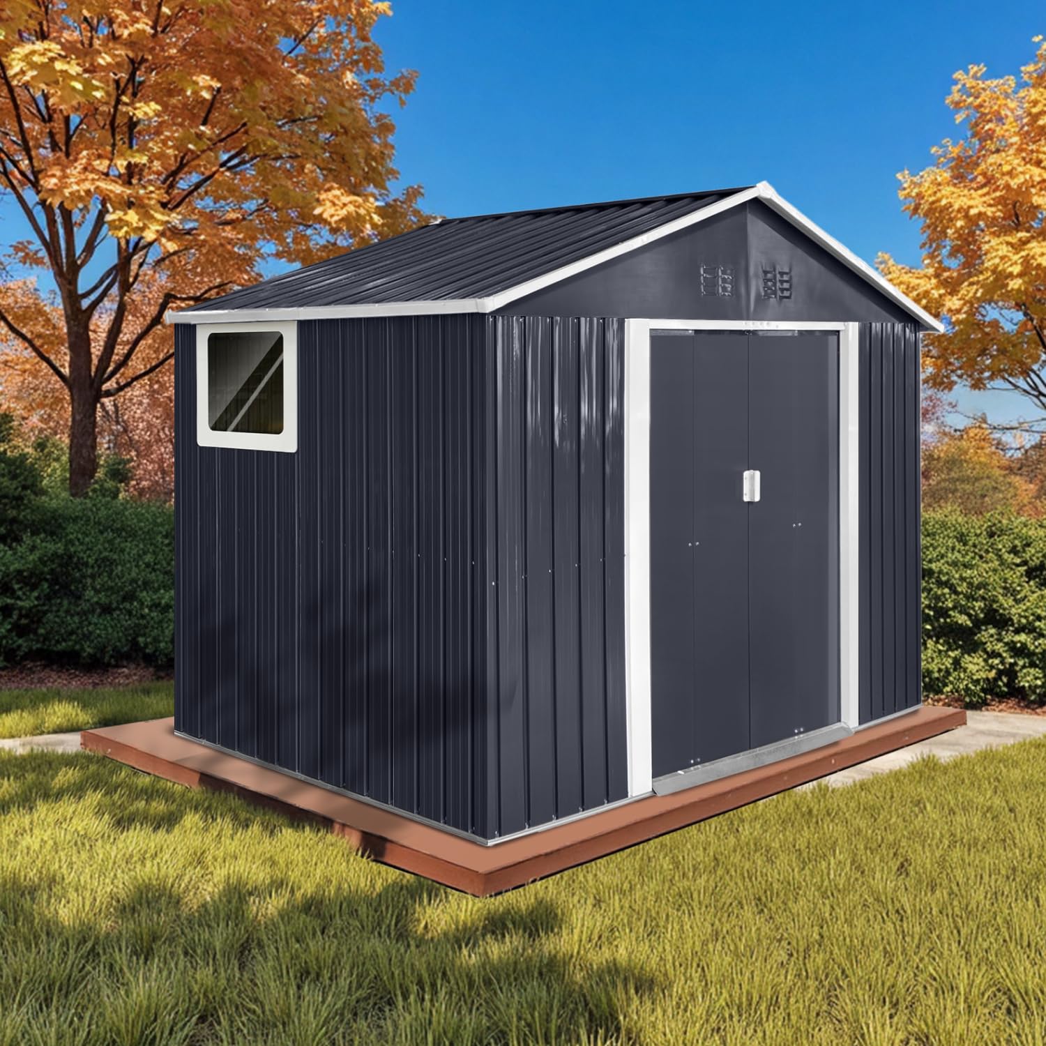 Photo 1 of 9' x 6.5' Outdoor Storage Shed, Sturdy Metal Building w/Windows & Lockable Doors for Garden, Backyard, Poolside and Lawn, Anthracite