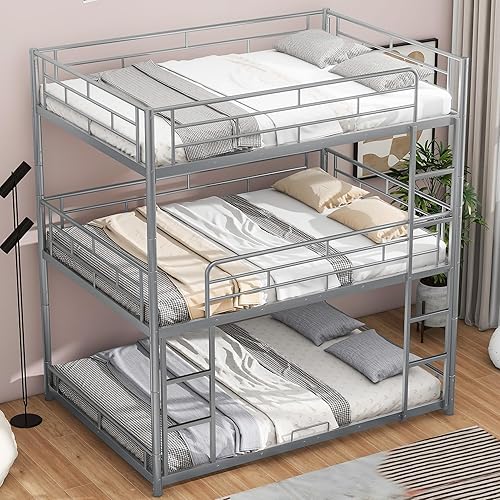 LAVHOME Full Size Metal Triple Bunk Bed with Built-in Ladder, Full