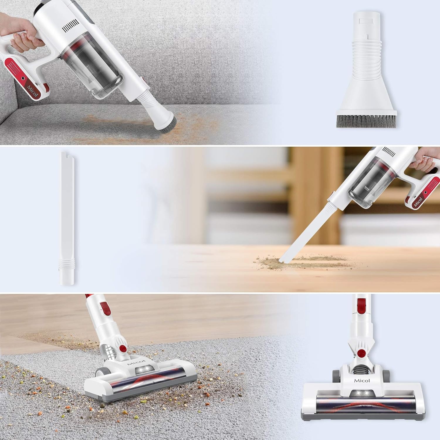 Micol Cordless Vacuum Cleaner, 20Kpa 4 in 1 3 Power Modes Stick Vacuum with Brushless Motor Up to 35 Mins Max Runtime Detachable Battery for Home Hard Floor Carpet Pet Hair-007 -