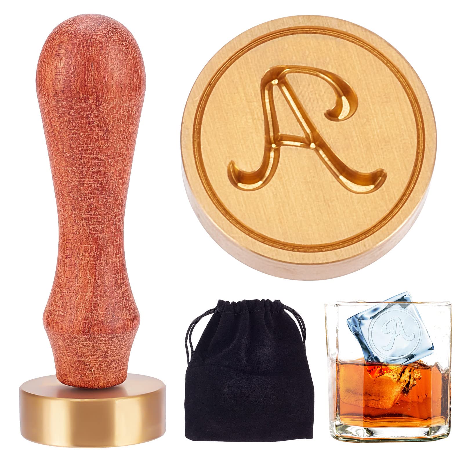 CRASPIRE Ice Cube Mould Initials A Ice Stamp Drinking Making Tool Cube Press Stamp Brass Head with Removable Wood Handle and Velvet Pouches for Whisky Cocktail Drinks
