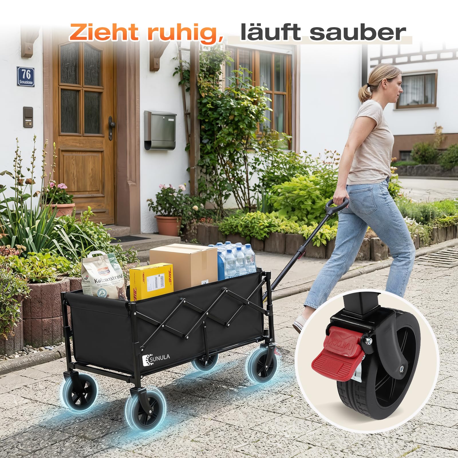 SUNULA Bollerwagen Faltbar Klein 80L 100KG, Faltbarer Bollerwagen Klappbarer Handwagen mit Halbiertem Eigengewicht, Faltbollerwagen Geländegängig mit Bremsen, Schwarz 5