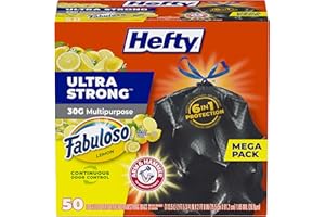 Hefty Ultra Strong 30 Gallon Trash Bags, Large Trash Bags 30 Gallon Size, Multipurpose, Break Resistant Drawstring Closure, Resists Leaks, Punctures, and Tears, Black, Fabuloso Lemon Scent, 50 Bags