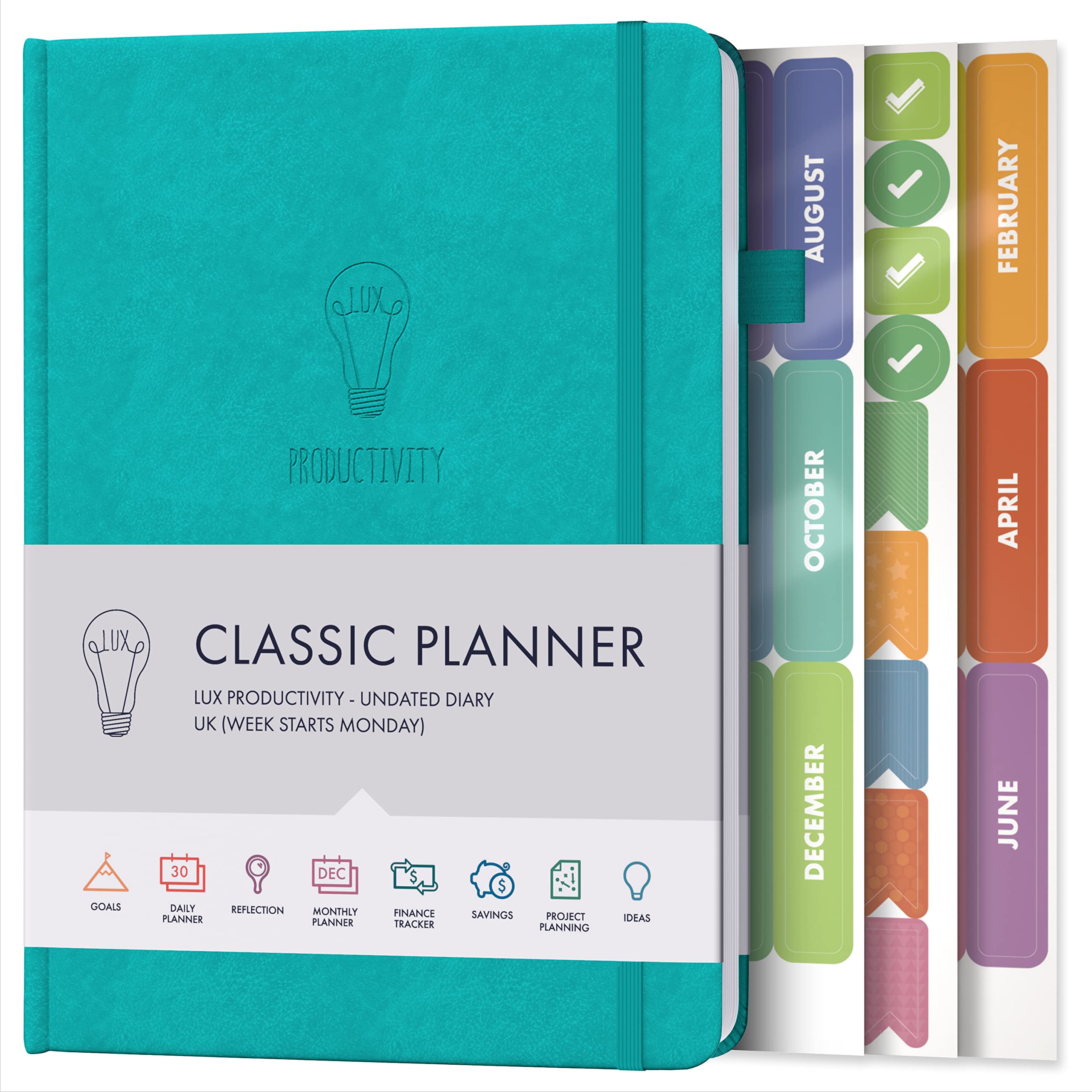 Daily Planner & appointment diary - Gratitude journal, wellness journal & Undated weekly planners and organisers - Desk journals for women & men - LUX Productivity Classic (AQUAMARINE BLUE)