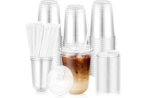 100 Set 16oz Plastic Cups with Sip Lids and Straws, Disposable Clear Iced Coffee Cup with Lid, Round Bottom Plastic to Go Cup