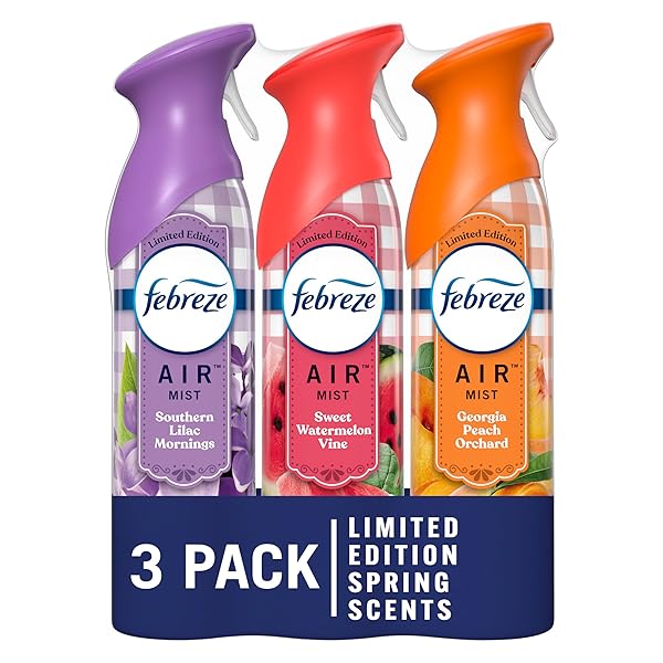 FEBREZE AIR MIST AIR FRESHENER SPRAY, ODOR-FIGHTING ROOM SPRAY FOR HOME, BATHROOM AND KITCHEN, AEROSOL CAN, SOUTHERN LILAC MORNINGS, GEORGIA PEACH ORCHARD, SWEET WATERMELON VINE SCENT, 8.8OZ, 3 COUNT