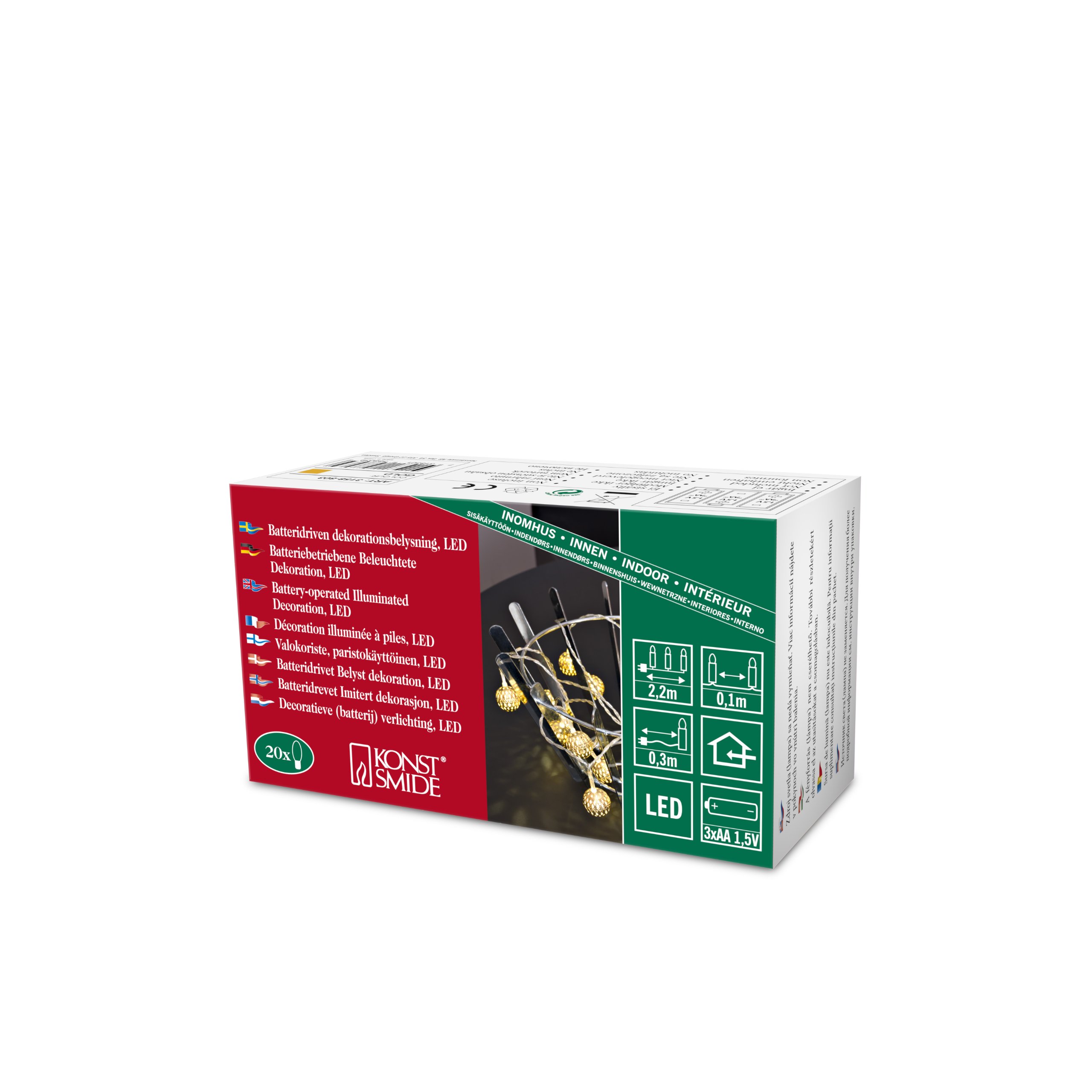 Konstsmide LED Decorative Light Chain 20 Small 3158–803 Metallbälle/Warm White Diodes / 3xAA 1.5V Batteries/Transparent Cable/Gold