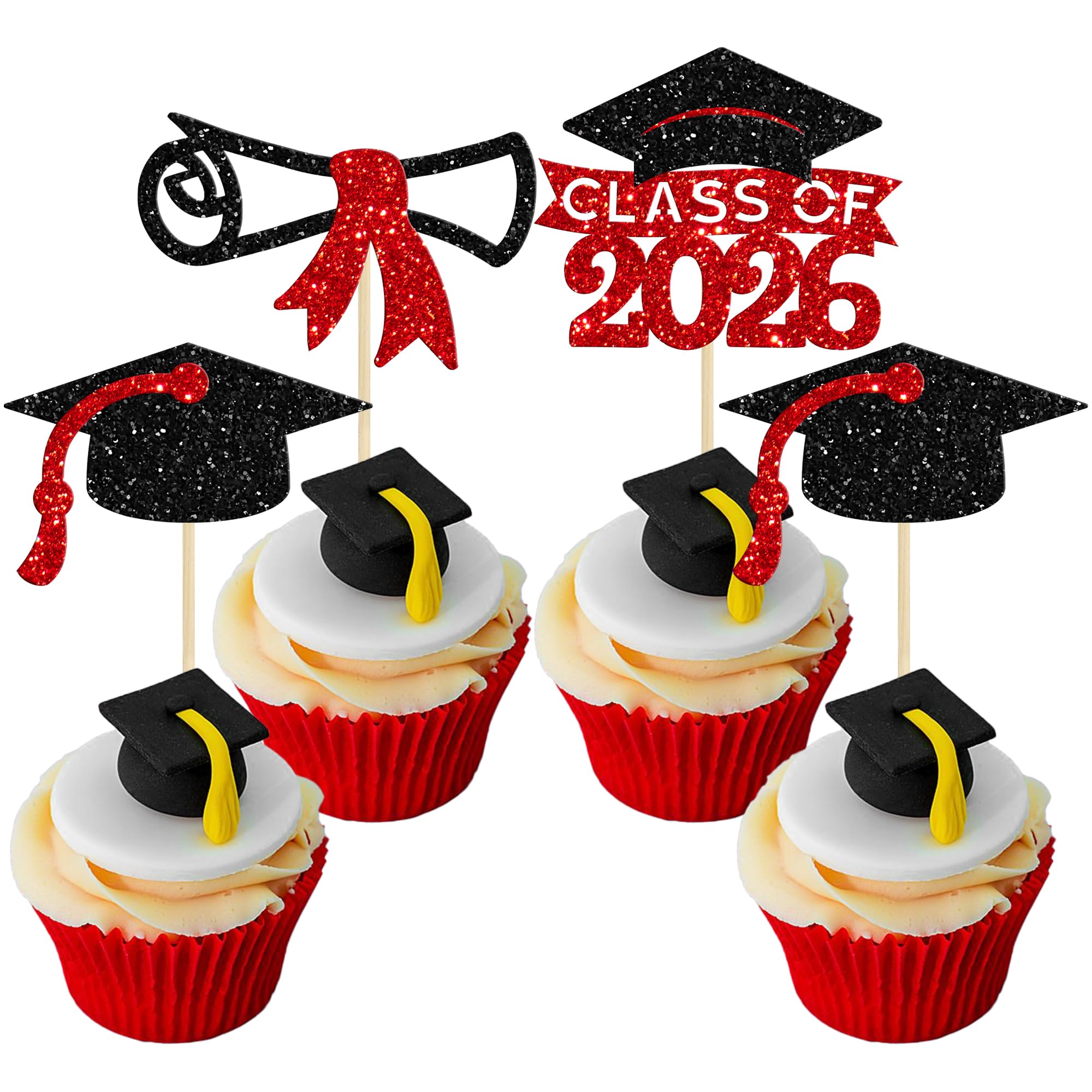 Gyufise 24Pcs 2026 Graduation Theme Cupcake Toppers Glitter Diploma Graduation Cap Cupcake Picks Class of 2026 Cake Decorations for 2026 Theme Party Supplies Black Red
