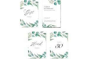 32 PCS Table Number Cards, Table Number 1-30 with Head Table & Gift Table Card Double Side Printed Greenery Number Cards for 