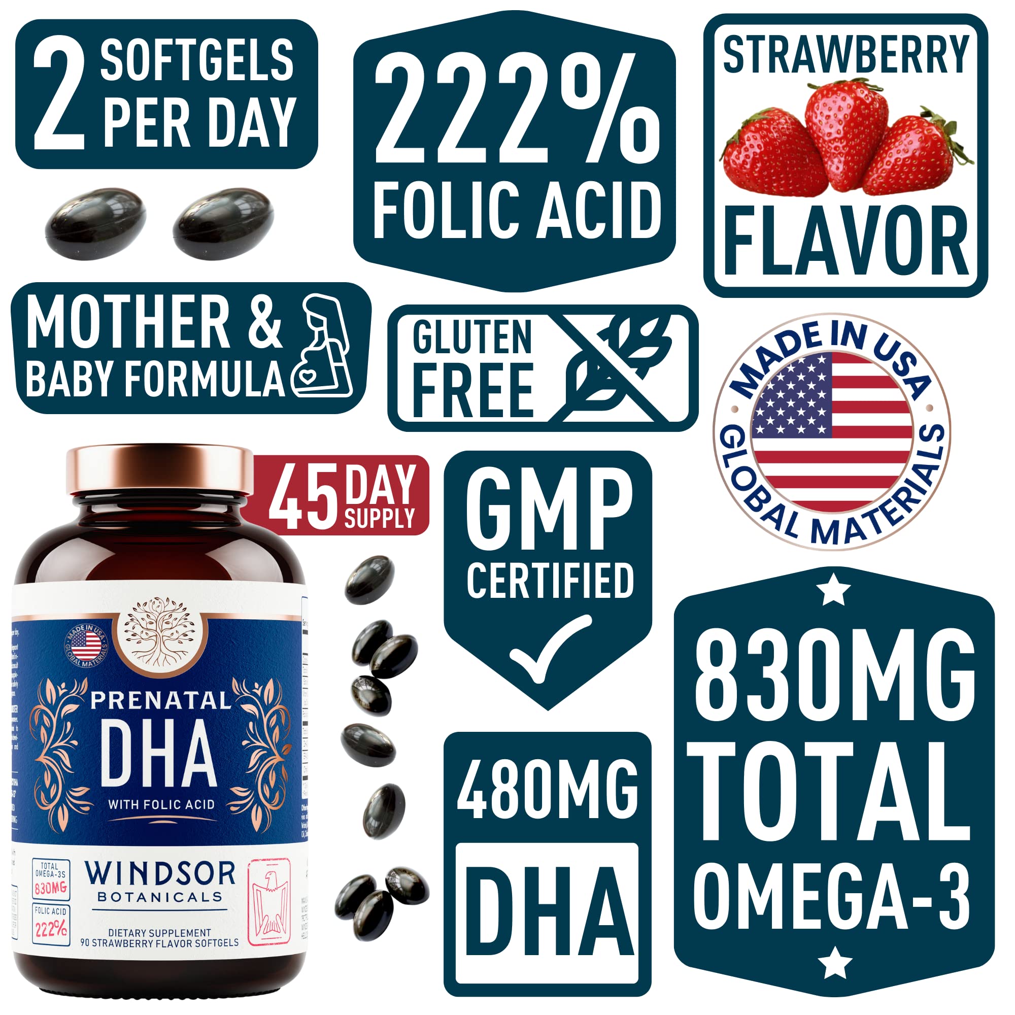 Prenatal DHA and Folic Acid - 830mg Omega-3 (DHA + EPA Fish Oil), 800mcg Folic Acid - High-Potency Prenatal Vitamins for Women - Supports Fetal Development & Baby’s Brain - 90 Strawberry Softgels