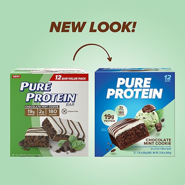 PURE PROTEIN BARS, HIGH PROTEIN, NUTRITIOUS SNACKS TO SUPPORT ENERGY, LOW SUGAR, GLUTEN FREE, CHOCOLATE MINT COOKIE,1.76OZ, 12 COUNT (PACKAGING MAY VARY)