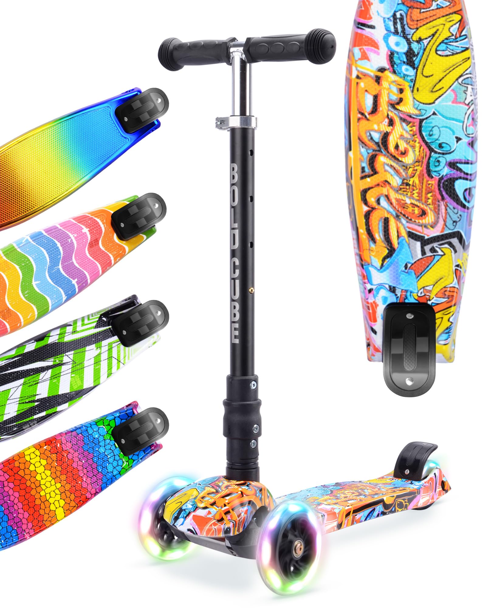 BOLDCUBE Big Fold Street Graffiti | Three Wheel Scooter for Children Ages 5-10 Years | LED Wheels with Flashing Lights | Height Adjustable 65 to 89 cm | Rear Reflectors — image 1