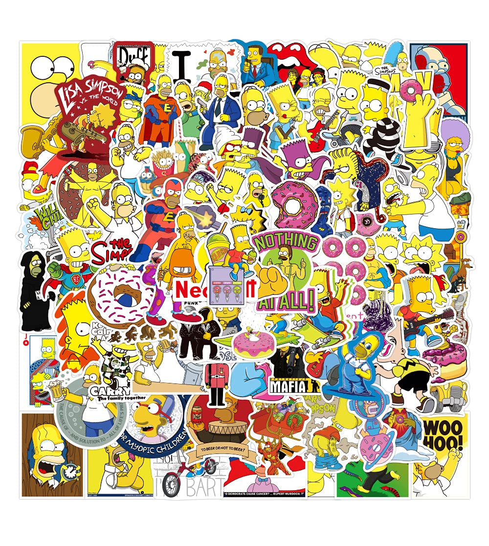 Zcketo 100Pcs Anime Simpson Sticker Pack, Graffiti Sticker Decals Vinyls for Laptop, Kids, Teens, Water Bottles, Skateboard, Luggage,Bicycle, Motorcycle, Bumper, DIY Party Supply Sticker Decals