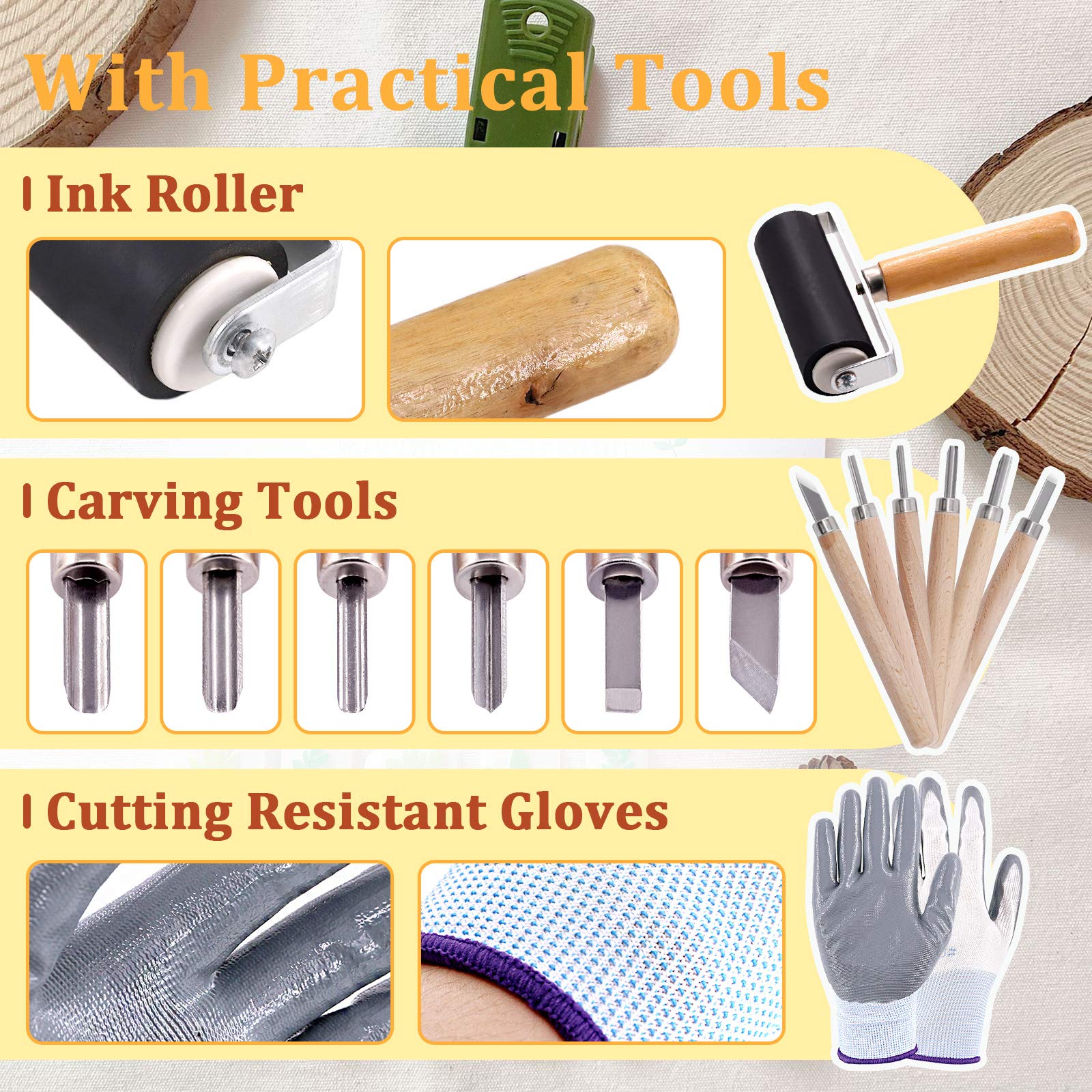 Keadic 24 Pieces Rubber Block Stamps Carving Starter Tool Kit, Comes with Stamp Block, Ink Roller, 6 Carving Tools, Tracing Papers, Pencil & Ink Mixing Tray for Stamp Carving and Printmaking