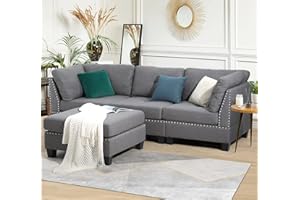 Esright 88.6” Convertible Sectional Sofa Couch with Ottoman, Modern Tufted Linen Fabric L-Shaped Couch with Reversible Chaise, Gray
