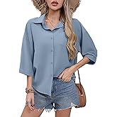 HIYIYEZI Women's Button Down Shirt Casual 3/4 Sleeve Dress Shirts Collared Work Blouse with Pocket