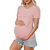 OUGES Womens 2026 Maternity Tops Shirts Pleated Short Sleeve Crew Neck Tunic Summer Casual Pregnancy Clothes