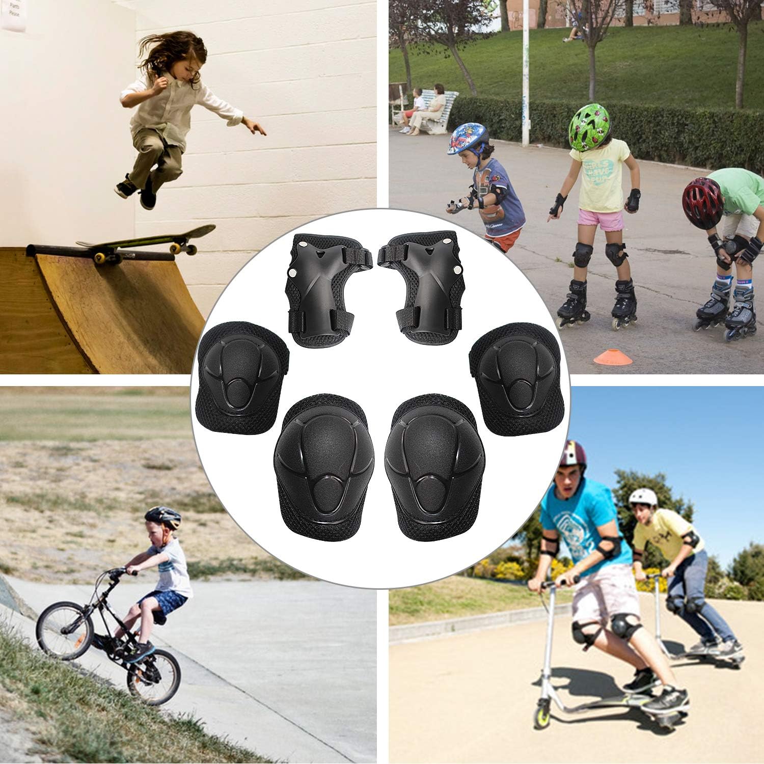 MiNiSports Kids Protective Gear 6 in 1 Set- Toddler Knee and Elbow Pads with Wrist Guards for Rollerblade Roller Skates Cycling BMX Bike Skateboard Inline Skatings Scooter Riding Sports - Black : Sports & Outdoors