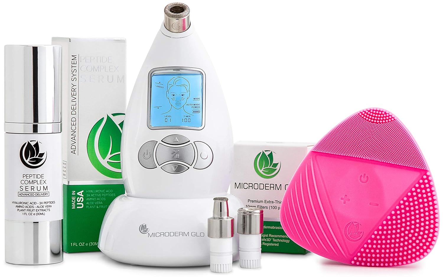 Microderm GLO Complete Skincare Package Includes Diamond Microdermabrasion System, Premium, Fine, Massage Tips, 10mm Filters 100 pack, Peptide Complex Serum & Sonic Facial Cleansing Brush (White): Beauty