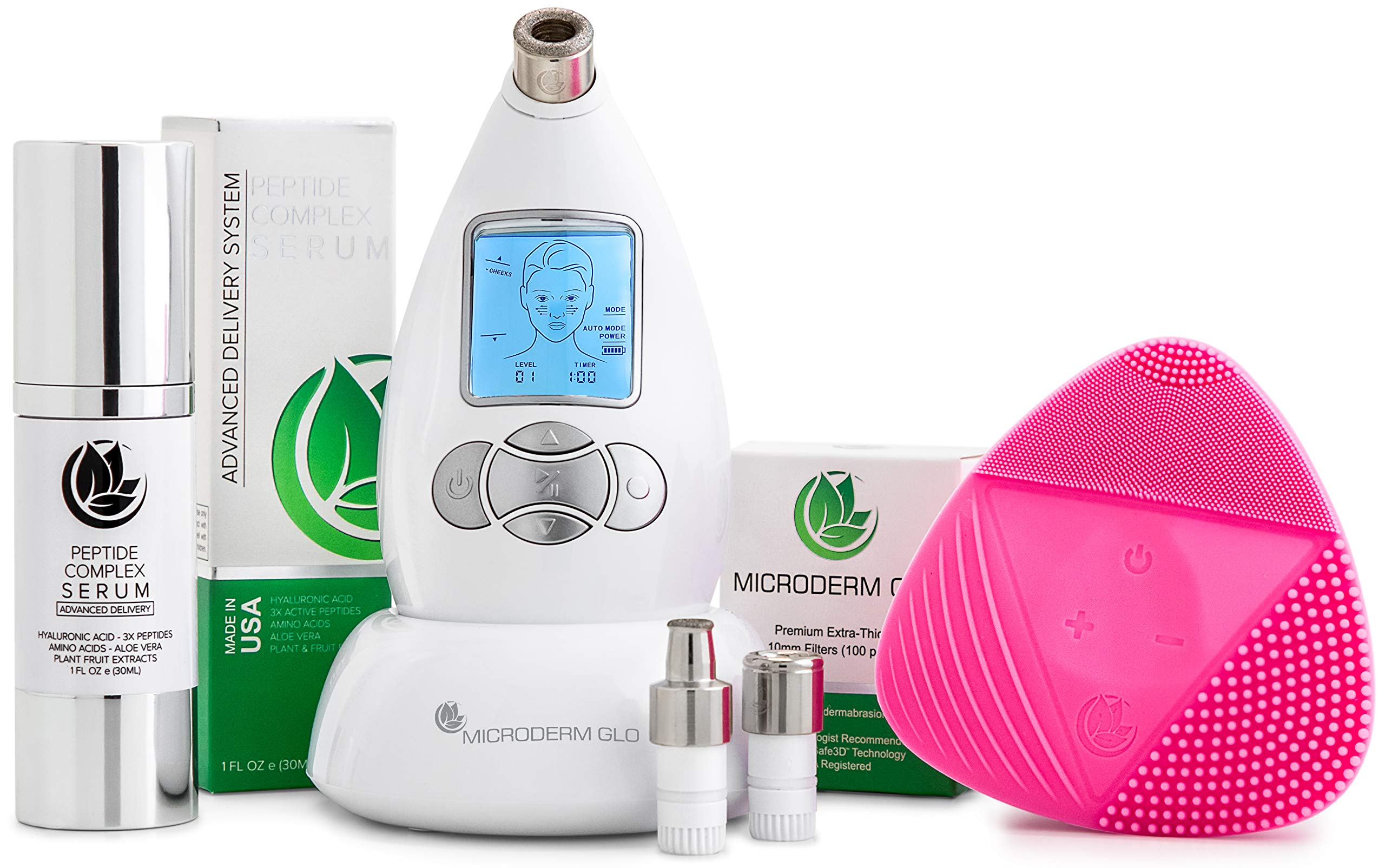 Microderm GLO Complete Skincare Package Includes Diamond Microdermabrasion System, Premium, Fine, Massage Tips, 10mm Filters 100 pack, Peptide Complex Serum & Sonic Facial Cleansing Brush (White)