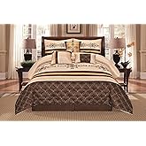 Jenin 7 Pieces Complete Bedding Ensemble Beige Brown Gold Luxury Embroidery Comforter Set Bed-in-a-Bag Bedding- Yasmen (Queen)