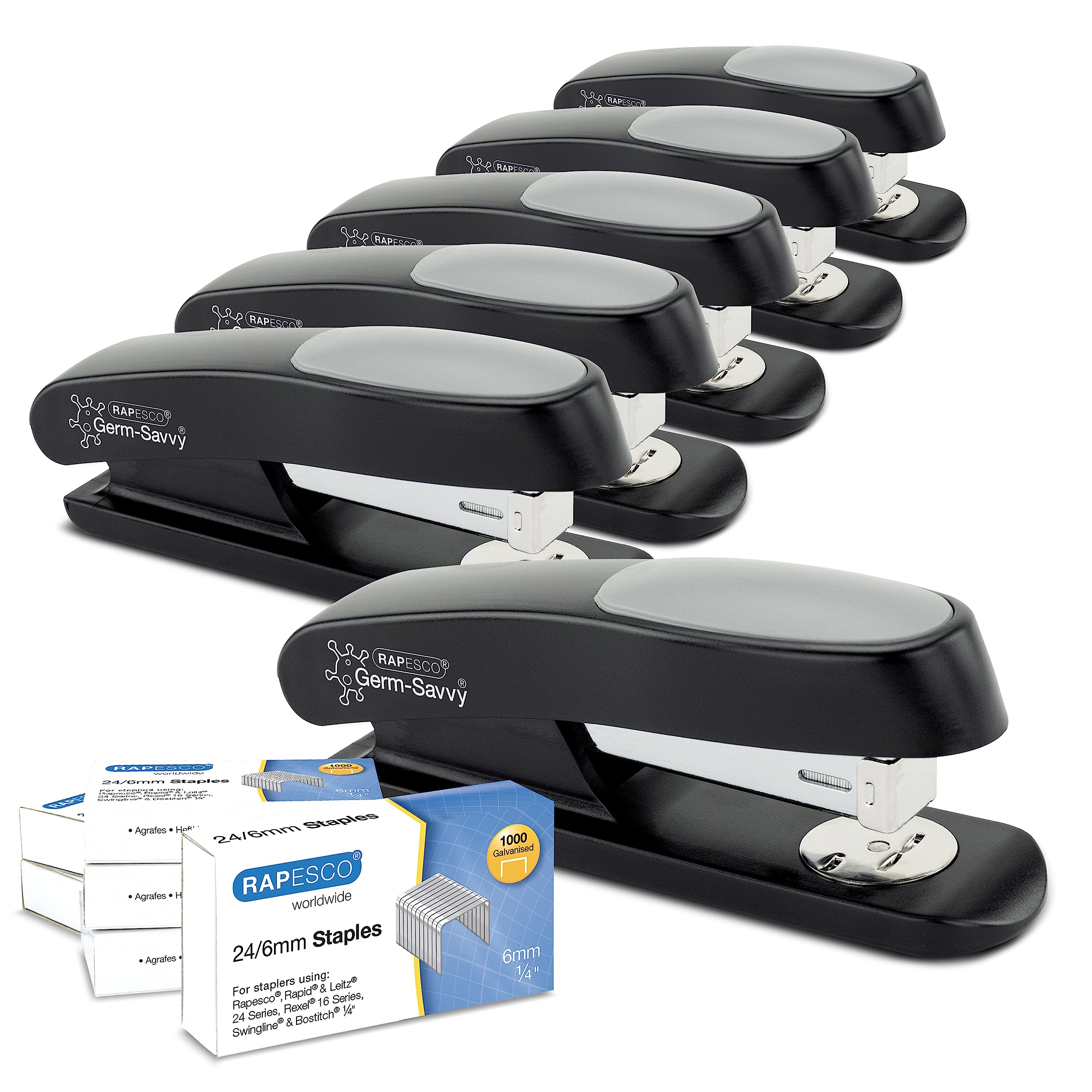Rapesco 1734 Business: 6 ECO Sting Ray Staplers and 6000 24/6 mm Staples, 20 Sheet Capacity, Antibacterial Protection, Black