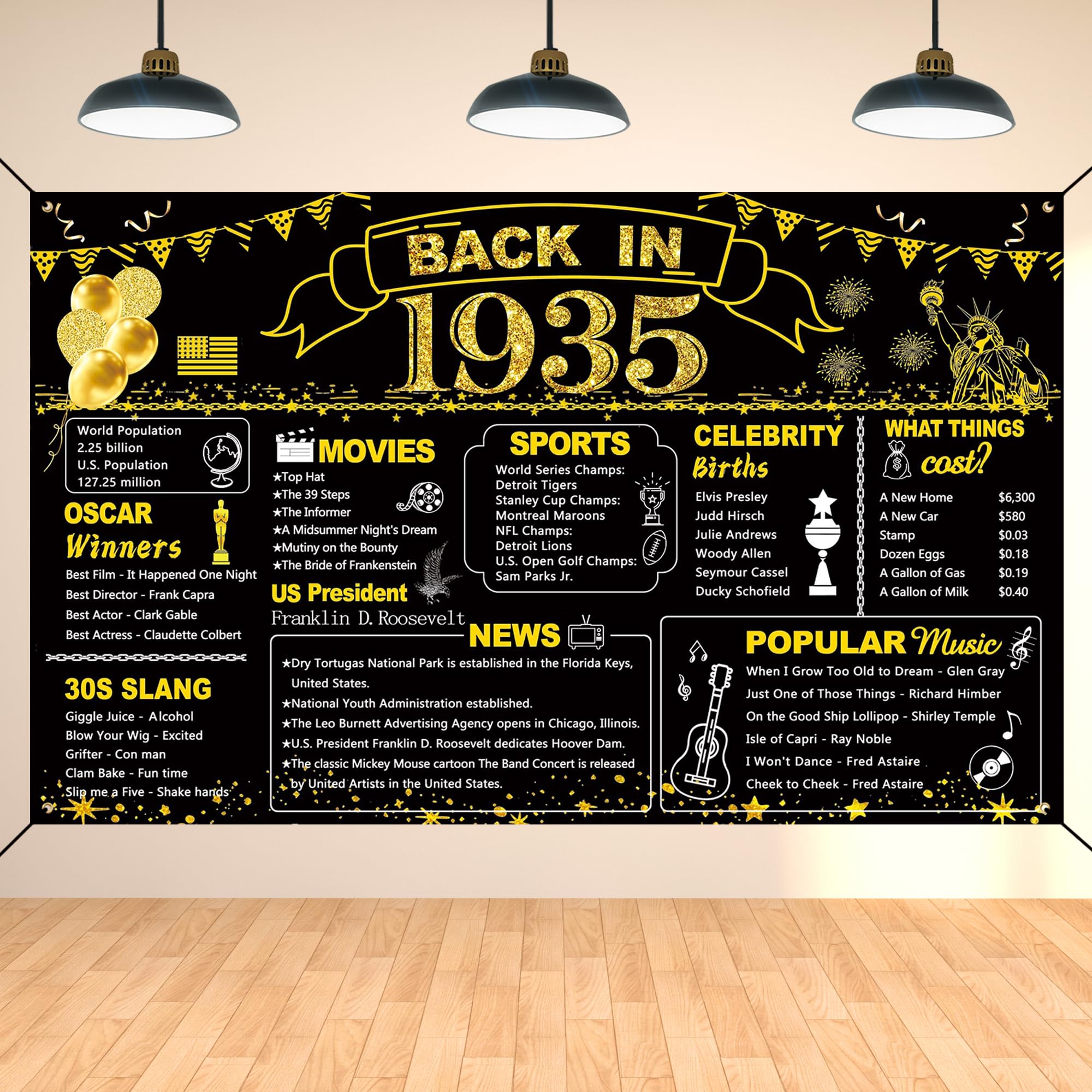 Photo 1 of DARUNAXY 90th Birthday Black Gold Party Decoration, Back in 1935 Banner 90 Year Old Birthday Party Poster Supplies, 6x3.6ft Large Fabric Vintage 1935 Backdrop Photography Background for Men and Women