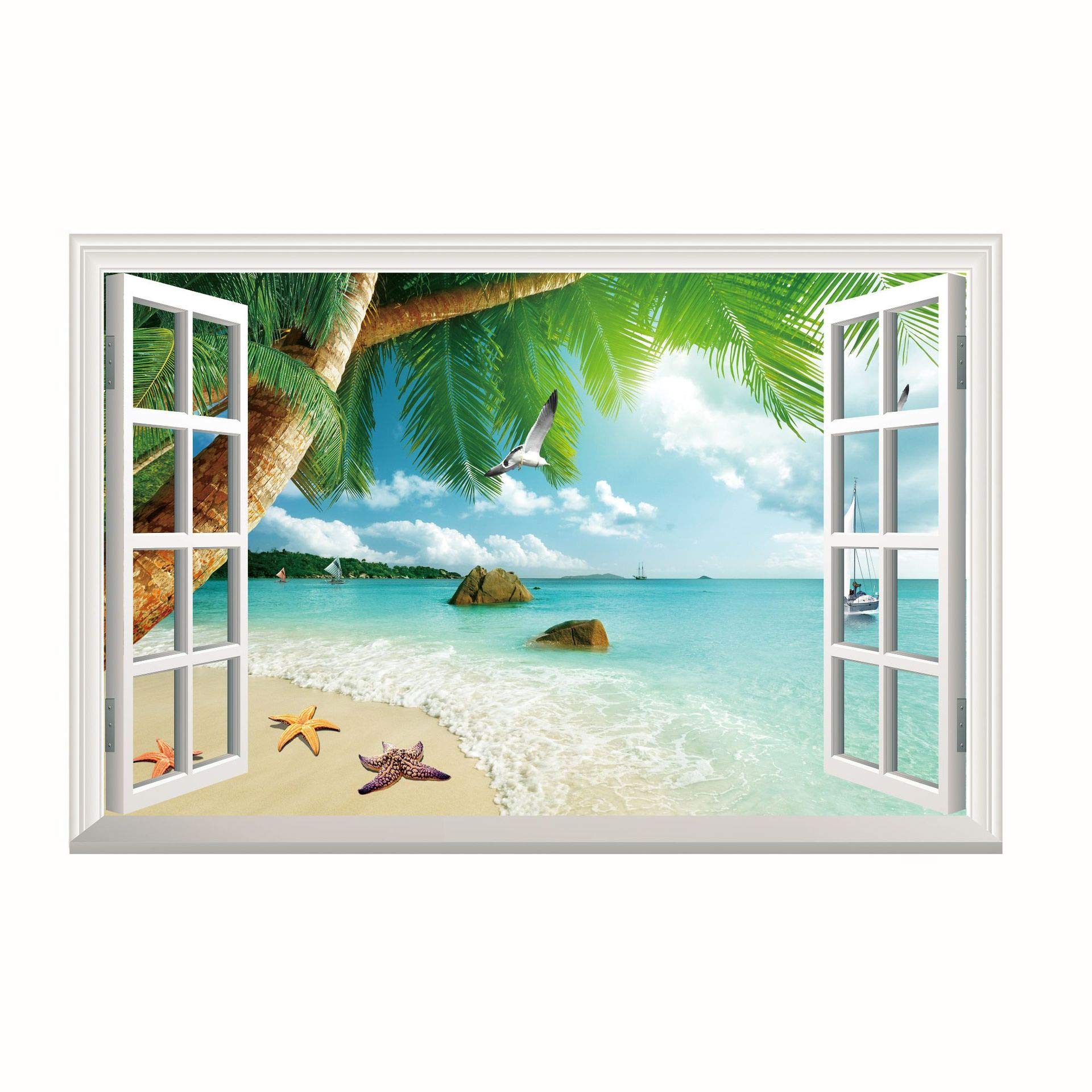 Lichi 3D Fake Window Wall Sticker of Tropical Beach View Sunshine Scenery Mural Decal for Home Decoration