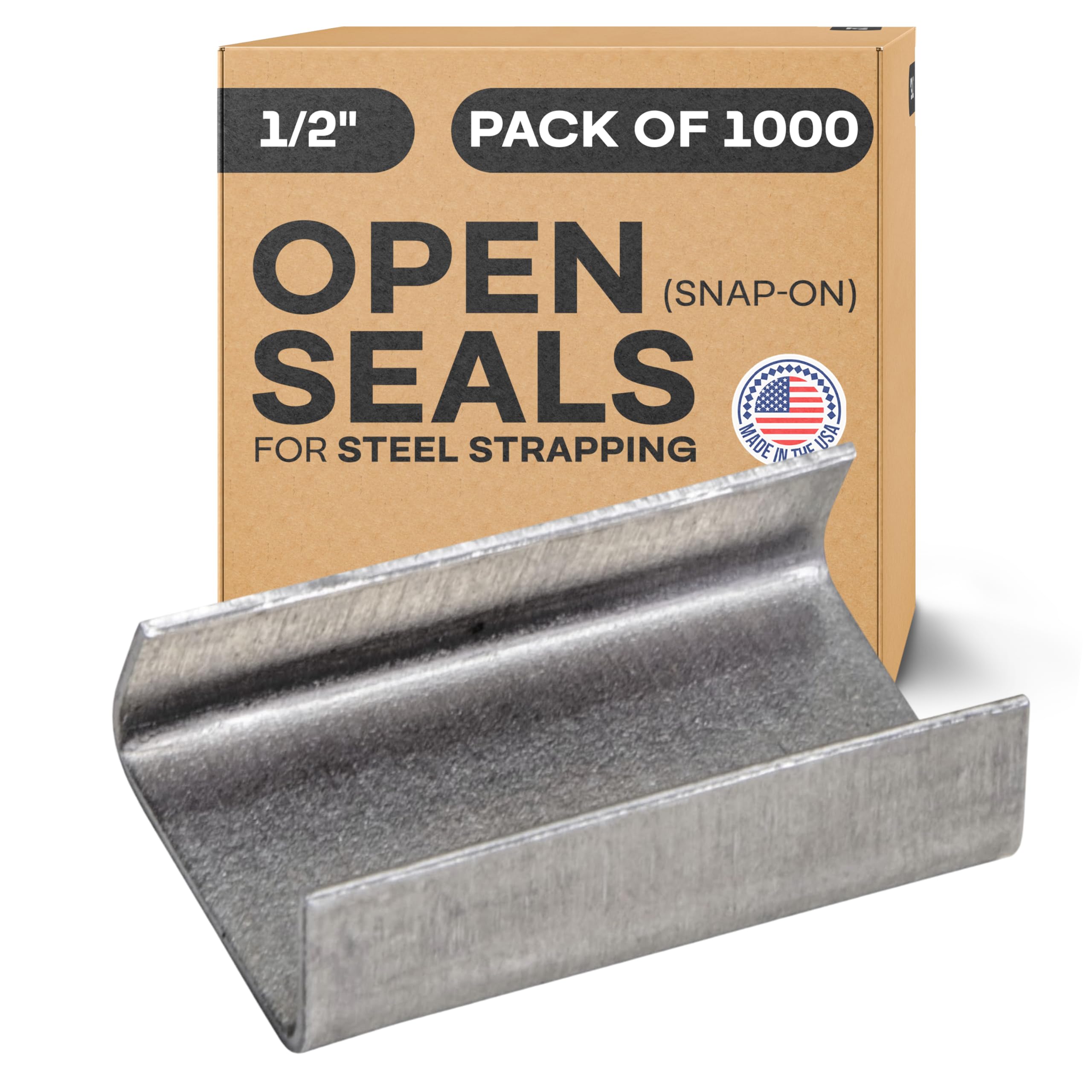 Photo 1 of IDL Packaging Open (Snap-On) Seals for 1/2" Strap Width Steel Strapping (Pack of 1000) - Superior Holding Power - Sturdy Metal Clips for Securing Heavy Packaging and Pallet Banding