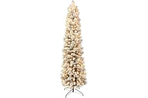 Puleo International 6.5 Foot Pre-Lit Flocked Portland Pine Pencil Artificial Christmas Tree with 300 UL-Listed Clear Lights