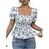 BEAUDRM Women's Floral Blouse Boho Shirred Square Neck Puff Short Sleeve Vacation Shirt Peplum Tops Blue Large