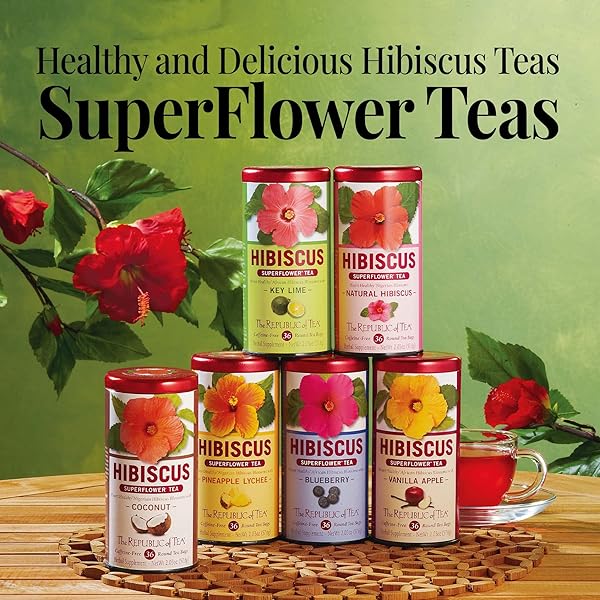 THE REPUBLIC OF TEA, HIBISCUS BLUEBERRY SUPERFLOWER HERBAL TEA, 36 TEA BAG TIN