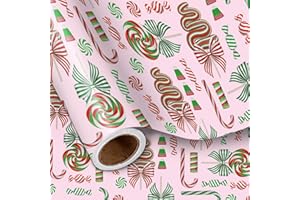 LeZakaa Christmas Candy Wrapping Paper Roll for Girls Kids, Pink Sweet Candy Canes with Peppermints Lollipops Design for Xmas Sweet-Themed Presents, Mini Roll 17in x 16.4 Ft