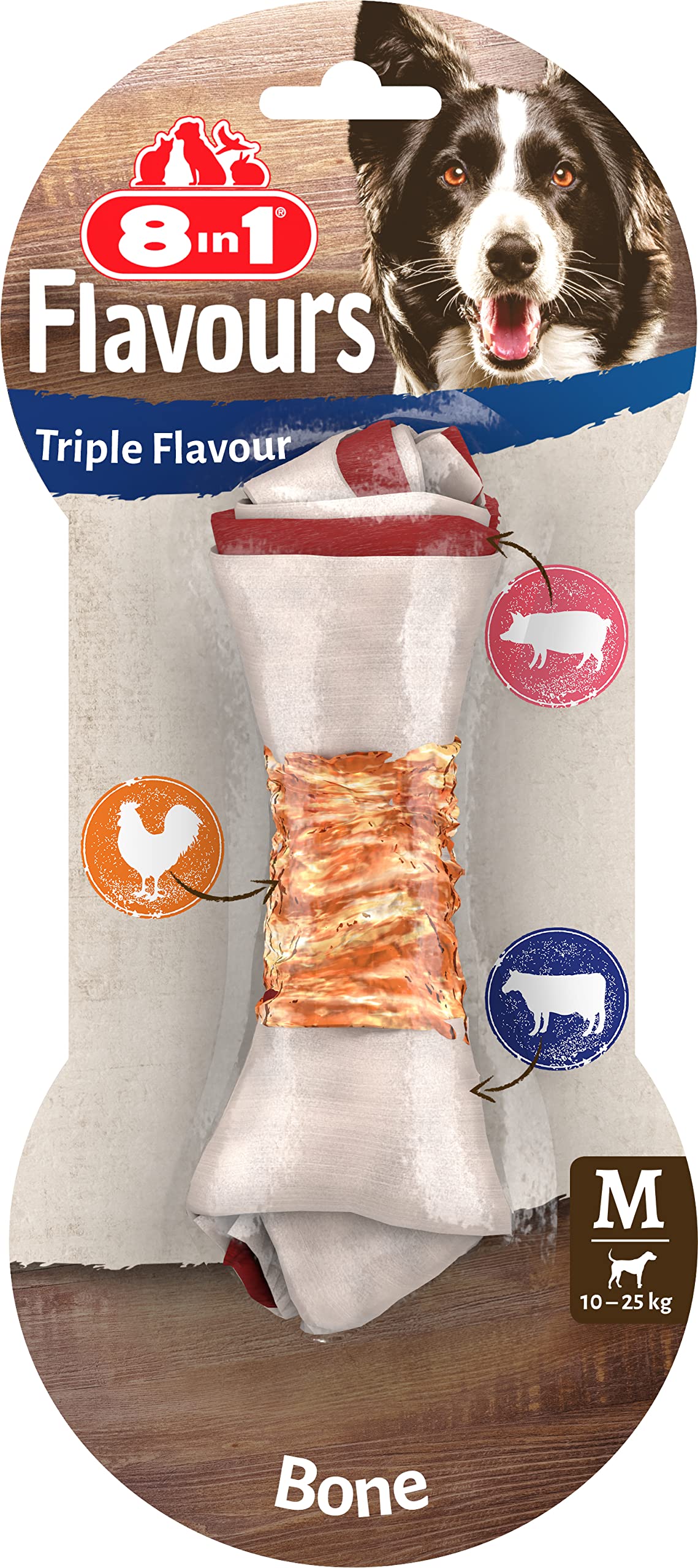 8in1 Triple Flavour Bone M - chewy dog bone with chicken fillet, pork hide and beef hide, 1 pc.