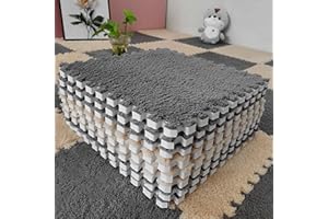 ANPHSIN 12 pcs Thickened Plush Interlocking Floor Mat 0.6" Thick- Fluffy Square Tiles with 12 Edgings Soft Anti-Slip Puzzle Area Rug Playmat for Room (11.8", Gray & Light Brown)