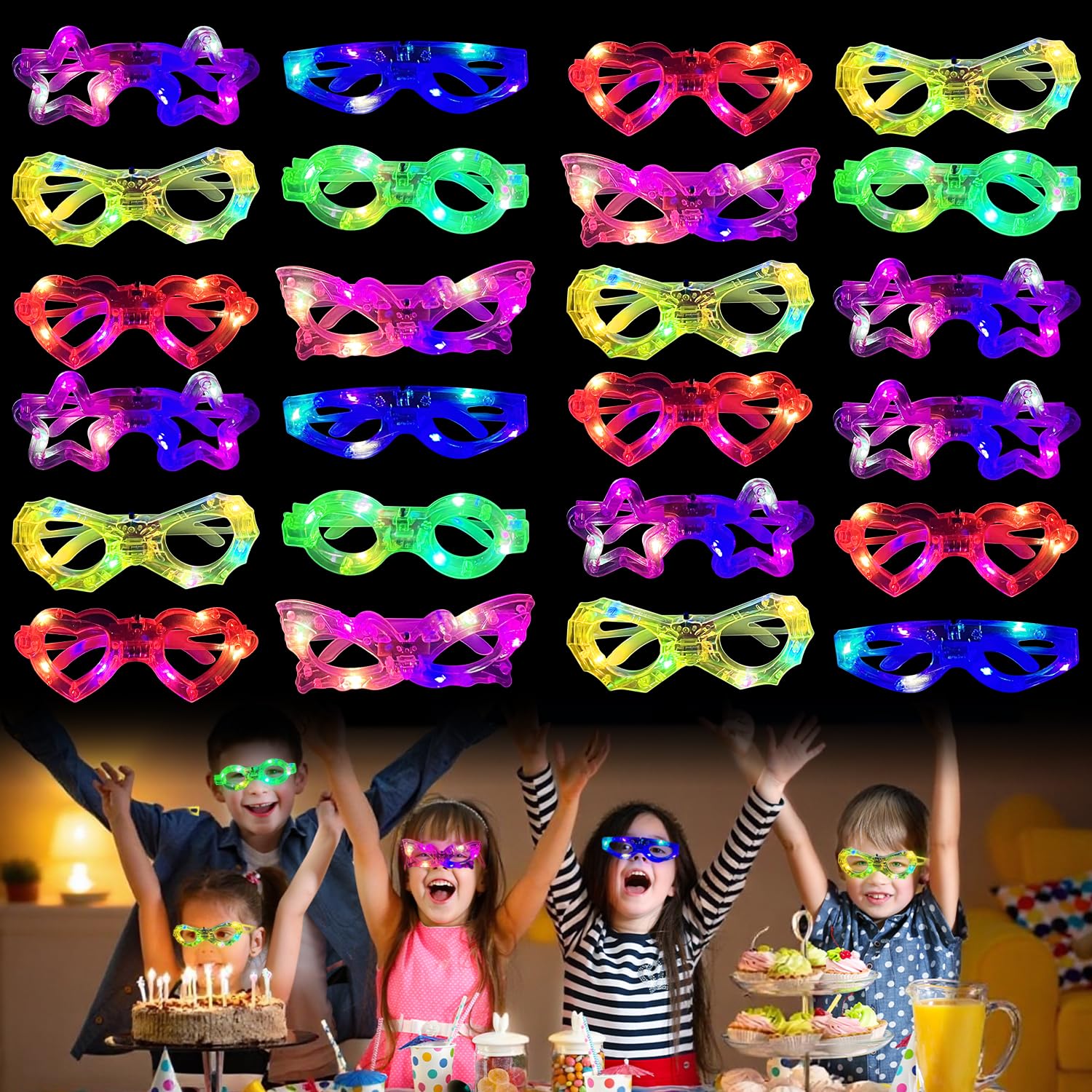 24pcs LED Light Up Glasses for Kids, Glow in The Dark Party Favors 6 Shapes Flashing Glow Eyewear for Boys Girls Birthday Gifts Goodie Bag Christmas Stocking Stuffers Treasure Box Classroom Prizes
