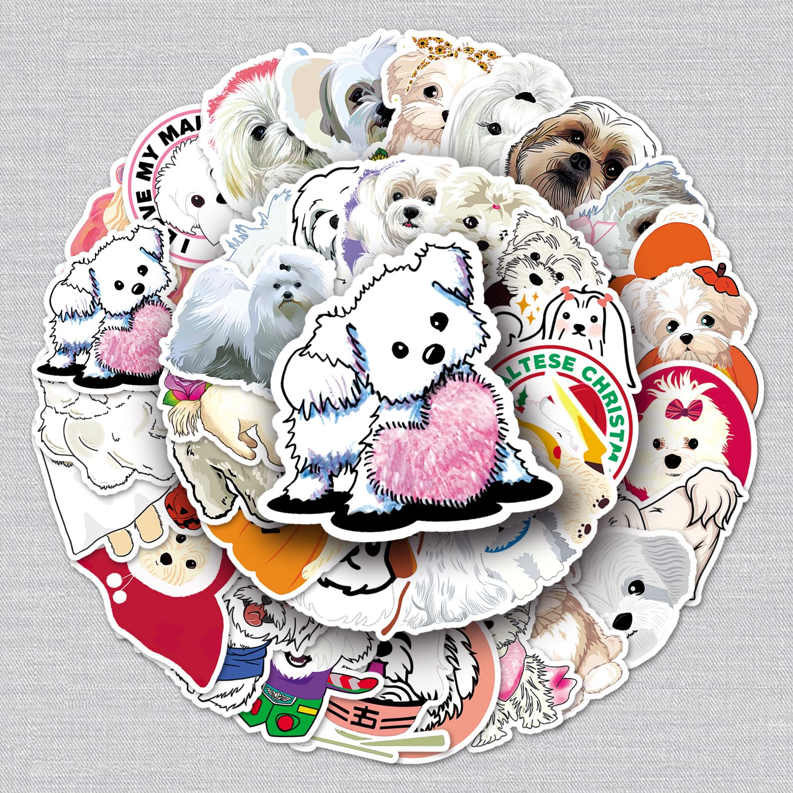 50 Pcs Maltese Stickers for Kids Teens Adults Boys Girls,Stickers Pack for Laptop,Skateboard,Luggage,Car,Bike,Cup,Computer,Water Bottle Decor,Maltese Dog Vinyl Waterproof Sticker Decals