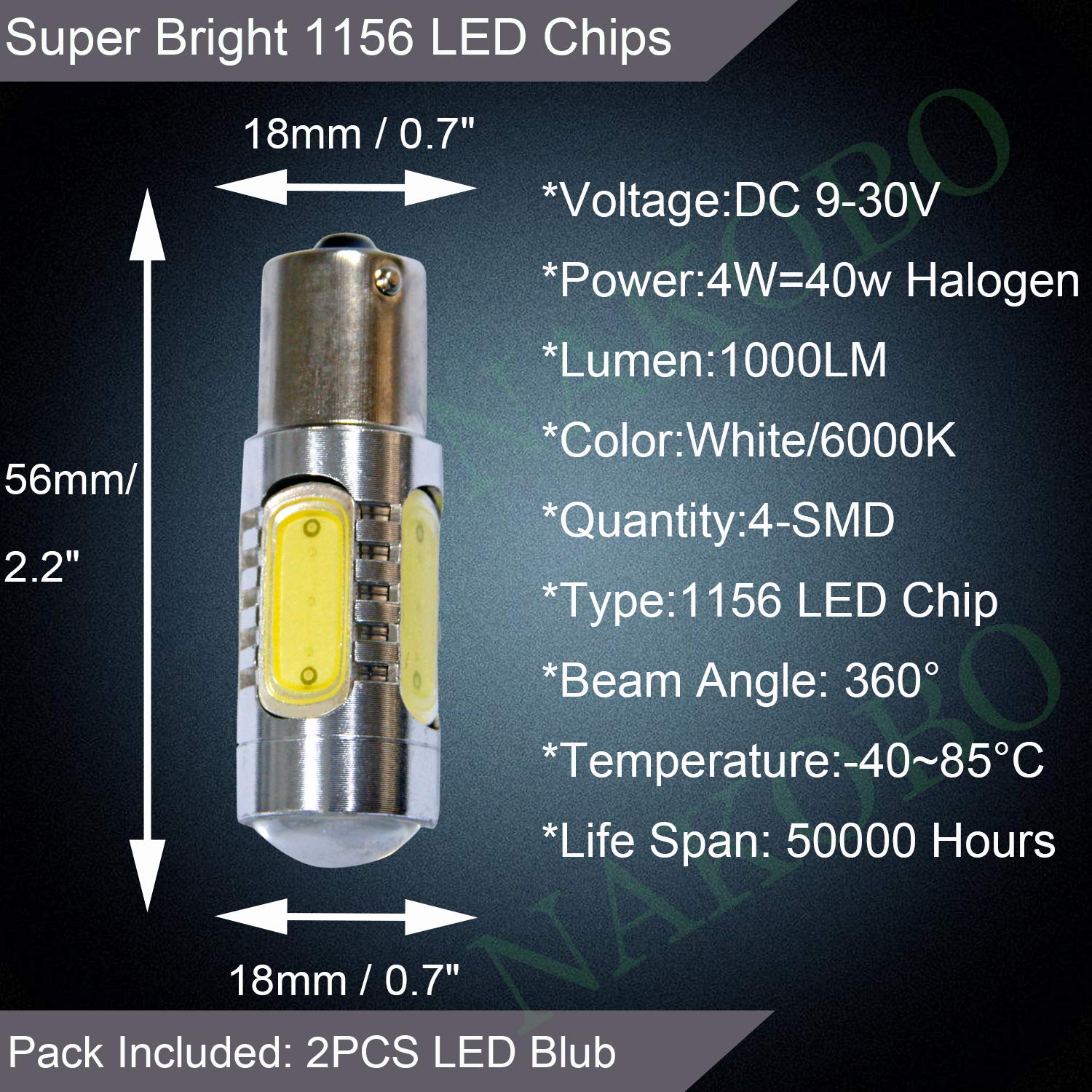 NAKOBO [2 peices] P21W Super Bright Turn Signal Light BA15S 1156 COB Car LED Bulb Tail Light Back Up Reverse Rv lights