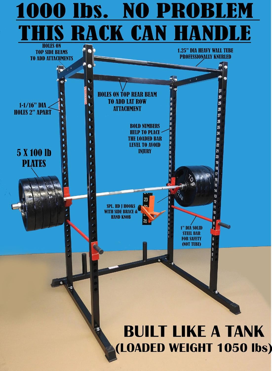 TDS Mega 1000 lb Rated Black Power Squat Rack, 1.25” Dia Professionally knurled Front Chinning Bar, Provision to add LAT Attachment, Pull up/Chip up bar and More!