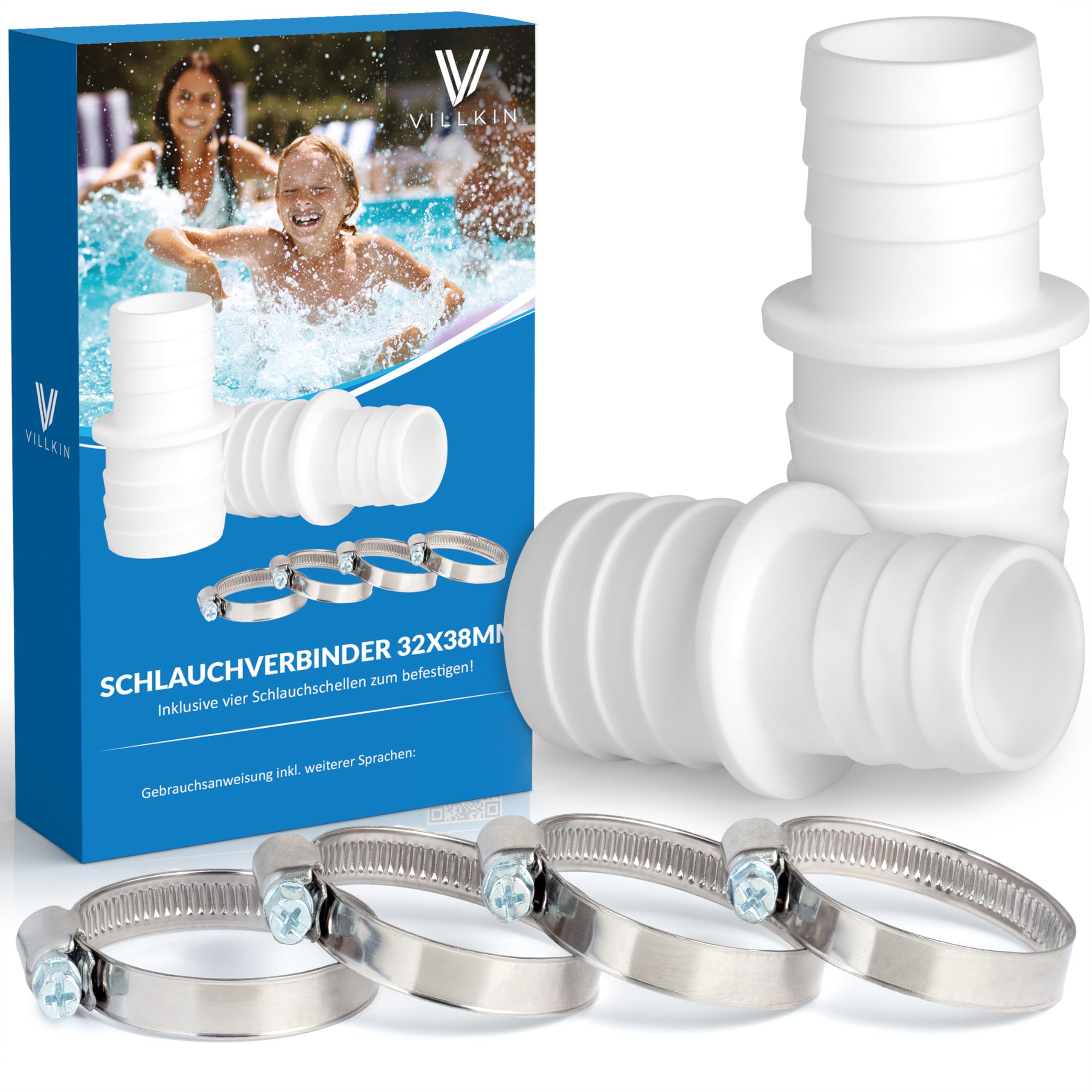 2 x Hose Connectors with 4 x Hose Clamps for the Pool - Hose Nozzle in Pack of 2 (32 mm x 38 mm, White)