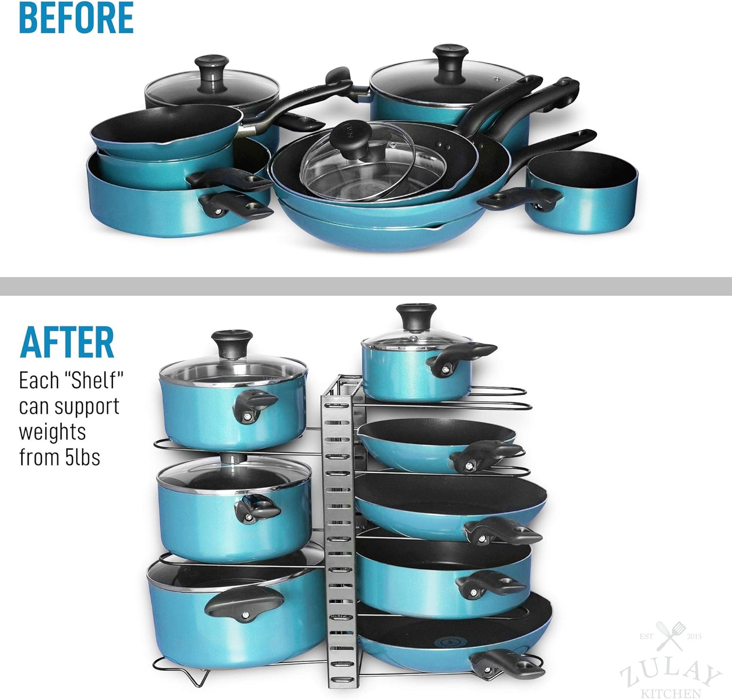Zulay 8-Tier Pots and Pans Organizer Under Cabinet - Easy 3 Adjustable Method Pan Organizer Rack For Cabinet - Kitchen Pot Organizer Rack For Cabinet For Large & Small Cookware: Home Improvement
