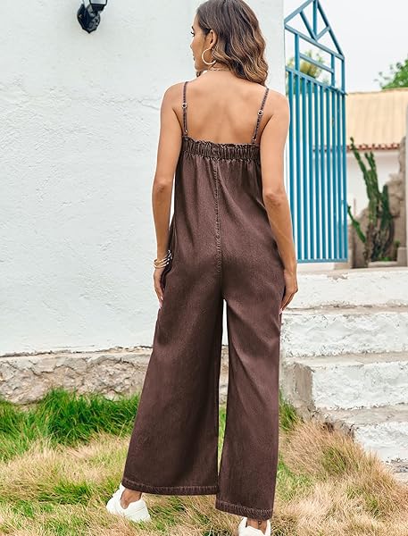 ONEDREAMER WOMENS ONE PIECE JUMPSUITS CASUAL SLEEVELESS WIDE LEG DENIM ROMPER LOOSE SPAGHETTI STRAP JUMPSUIT WITH POCKETS, SMALL, BROWN