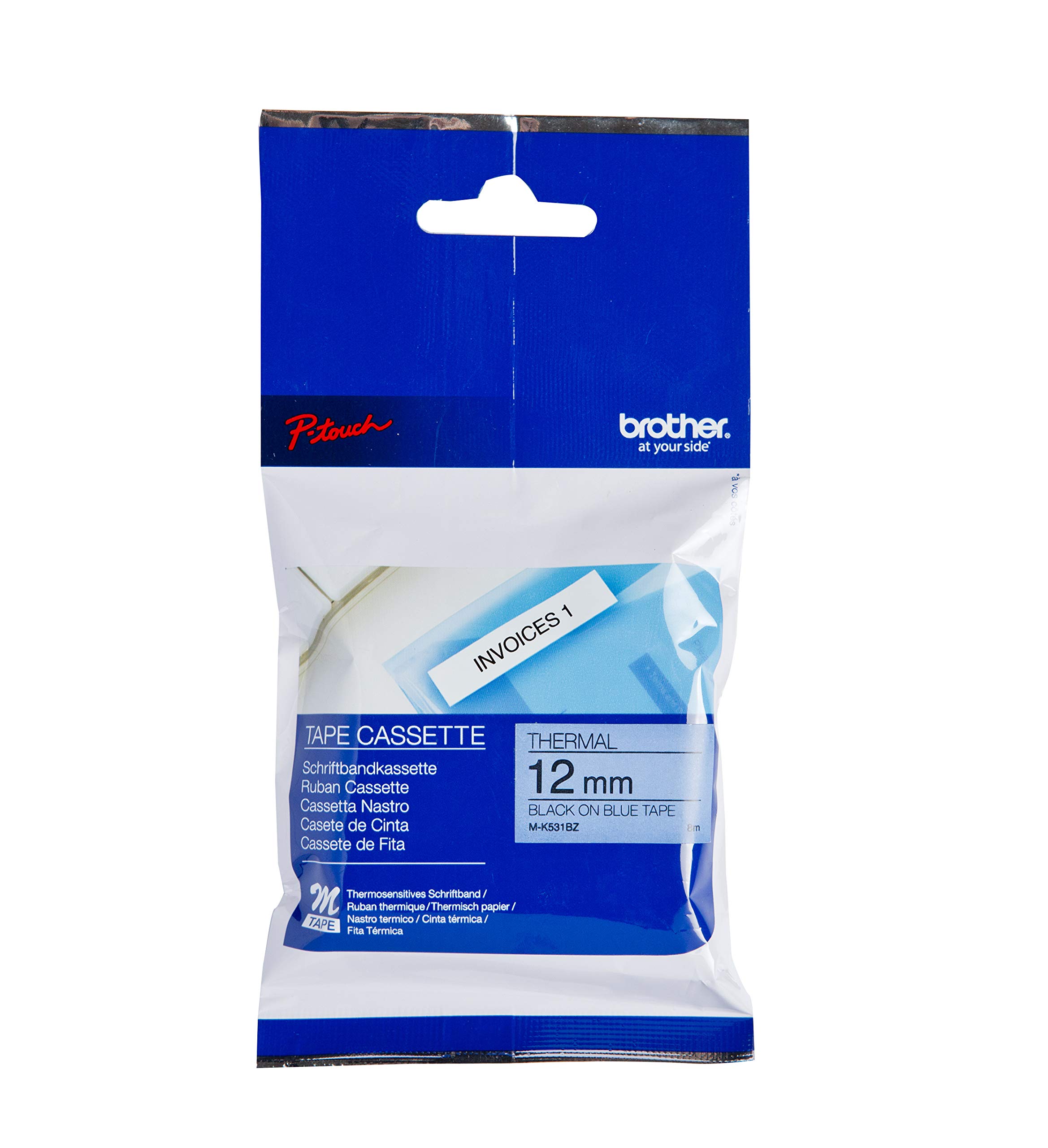 Brother M-K521BZ Labelling Tape Cassette, Black on Blue, 12 mm (W) x 8 m (L), Brother Genuine Supplies