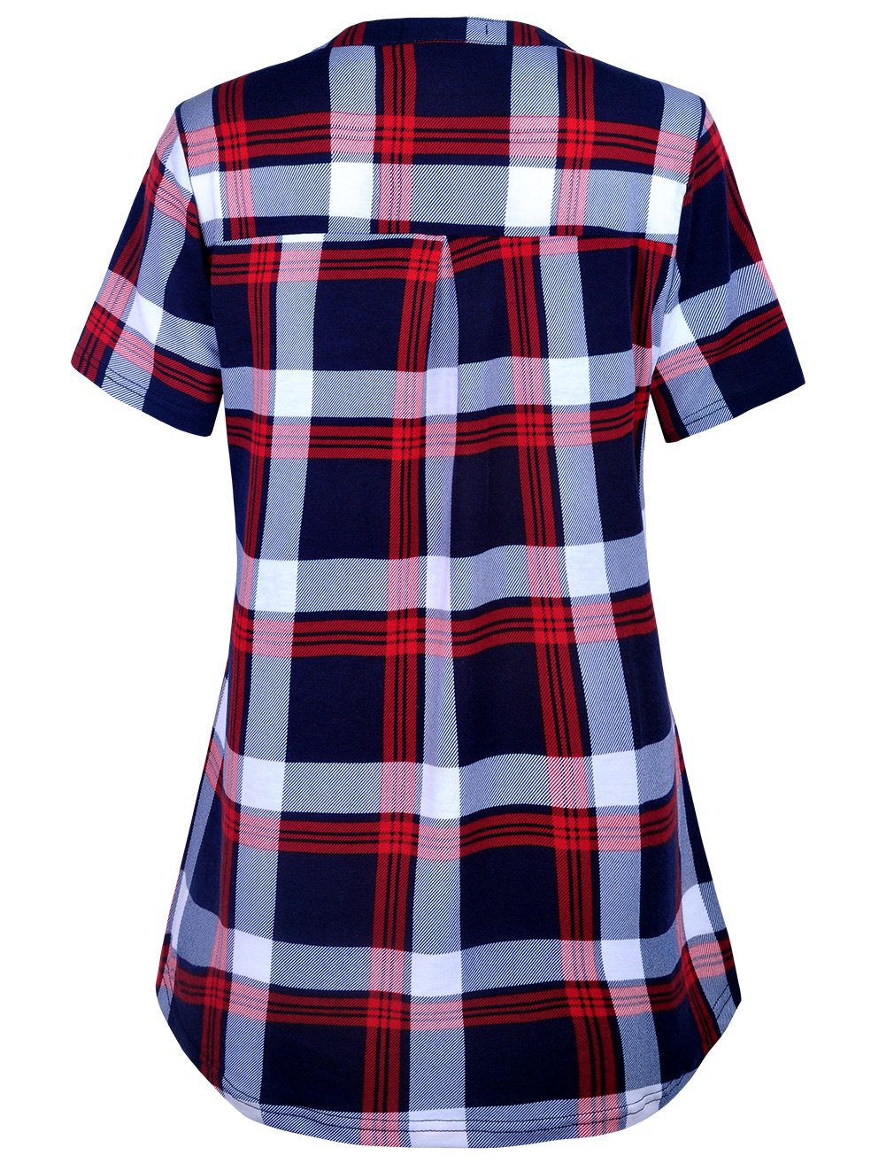 Derminpro Women\'s V Neck Short Sleeve Fake Pockets Casual Shirt Blouse Tops Sapphire Red Large